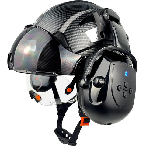 All In One Safety Helmet With Visor And Bluetooth Ear Muffs, vented hard hat, matte black, clear and tinted visors, OSHA approved