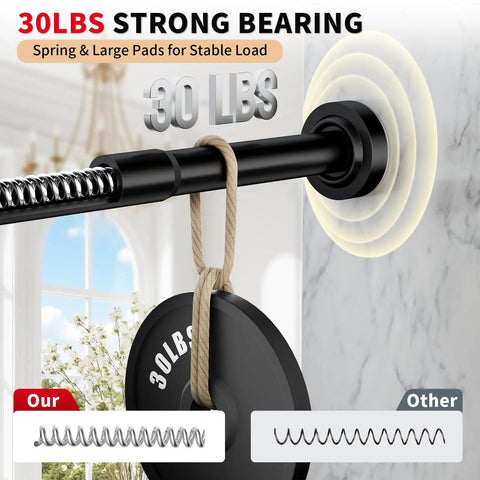 Black Stainless Steel Shower Curtain Rod 34 To 66 Inches Adjustable Tension Rod No Drilling No Rust Non Slip For Bathroom Or Window with weight test showing 30 lbs capacity