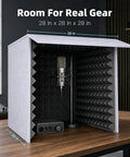 Portable Vocal Recording Booth 28 Inch Sound Proof Microphone Shield with mic and audio interface on wooden table.