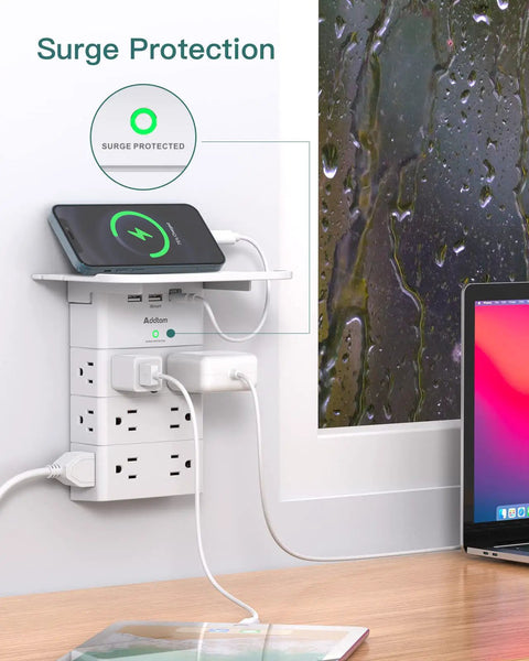 Heavy Duty Wall Outlet Extender With Built-In Shelf, 12 AC Outlets And 3 USB Ports With USB-C, charging devices in office