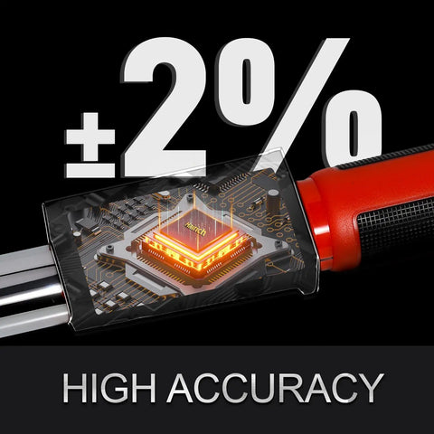 Digital 3/8 Inch Torque Wrench With Five Modes And Auto Buzz showing internal circuitry, highlighting 2 percent accuracy feature.