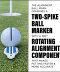 Game-Changing 360 Degree Alignment Golf Ball Marker And Putting Aid For Precise Putts Rotate To Aim USGA Compliant Blue, set on green grass with golf ball and two-spike marker visible.