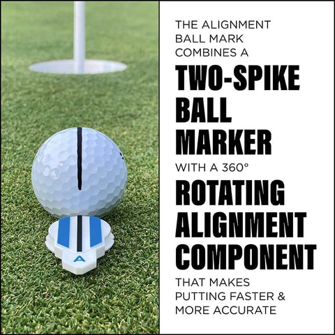 Game-Changing 360 Degree Alignment Golf Ball Marker And Putting Aid For Precise Putts Rotate To Aim USGA Compliant Blue, set on green grass with golf ball and two-spike marker visible.