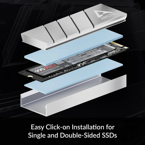 M2 Pro Heatsink Cooler For M.2 2280 SSDs, Crazy Good Cooling And Solid Heat Dissipation For PC And PS5, Stops Throttling And Keeps Your SSD Running Fast And Smooth. silver aluminum heatsink on M.2 2280 SSD with thermal pads