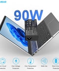 90W Universal Laptop Charger With 16 Tips For Dell, HP And Acer - 100-240V Input - 15V 16V 19V 19.5V 20V Output - Safe Travel Power Adapter For Work, Home, And On The Go; black AC adapter shown with laptop and 90W text