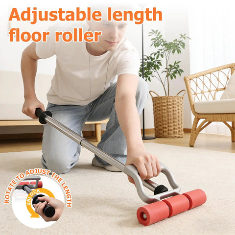 Person using Adjustable Rubber Floor Roller 17.5 To 27 Inch J Roller Heavy Duty Pressure Tool on carpet in living room.