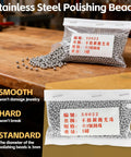 Stainless steel polishing beads for Tiny But Mighty Jewelry Polisher Tumbler Kit with label indicating size and weight.