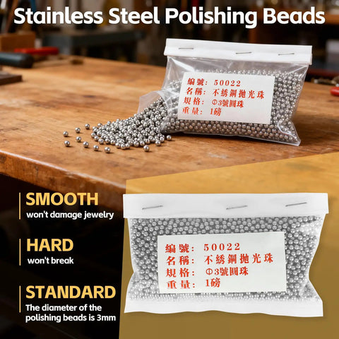 Stainless steel polishing beads for Tiny But Mighty Jewelry Polisher Tumbler Kit with label indicating size and weight.