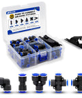 50 Piece Push To Connect Fittings Kit For Six Millimeter Or One Quarter Inch Air Hose Quick Connectors With Y Tee Elbow Straight Cross Fittings Plus Tube Cutter Ideal For DIYers And Pros In The Workshop, includes organized storage box and cutter