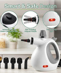 Oviievek Handheld Steam Cleaner With 15 Pcs Accessories And 1050W Fast Heating featuring safety button and 360° nozzle for versatile cleaning.