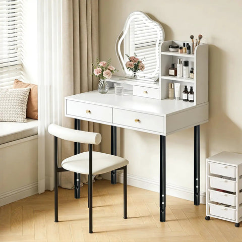 White vanity desk with mirror and black adjustable metal table legs, showing the Adjustable Metal Table Leg Set 24 To 40 Inches Black Finish.