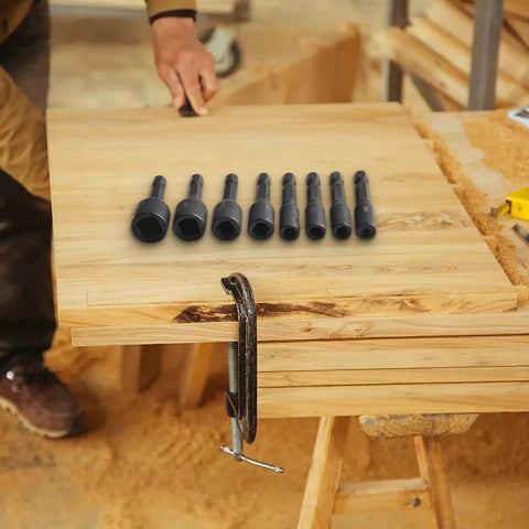 Beefy Tap Socket Adapter Set For Screw Taps With Quarter Inch Hex Shank Extension Bar on a wooden workbench