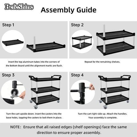 Assembly guide for Heavy Duty 3 Tier Plastic Utility Cart On Wheels With 300 Lb Capacity And Quiet 4 Inch Casters With 2 Lockable Brakes