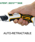 Auto Retractable Safety Utility Knife With Quick Blade Change Box Cutter And 4 Spare Blades Stored In Handle Beefy Zinc Alloy And Anti Slip Grip For Safe Quick Cutting, held in hand