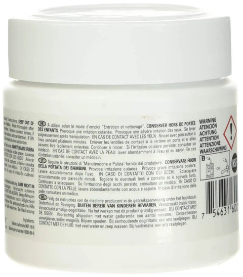Back view of Espresso Machine Cleaner and Descaler Tablets, 60 Count jar showing instructions and warnings in multiple languages.