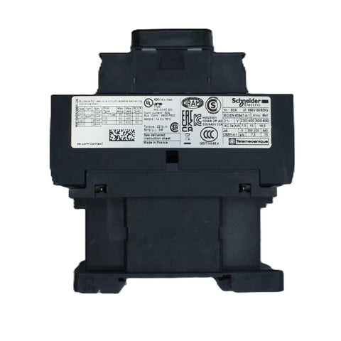 Rear view of Three Pole AC Contactor LC1 D32G7 32 Amp 120V Coil, showing label and connectors for industrial automation applications.