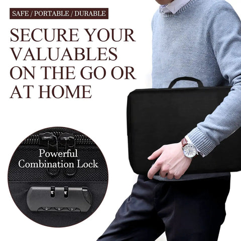 Person holding a Fireproof Document Box With Lock Three Layer Organizer Bag. Close-up of combination lock detail.