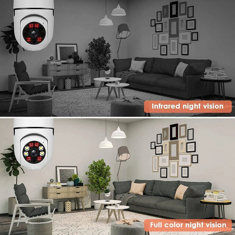 Two Pack 360 Degree Wireless Light Bulb Cameras for indoor and outdoor use showcasing infrared and full-color night vision in a living room.