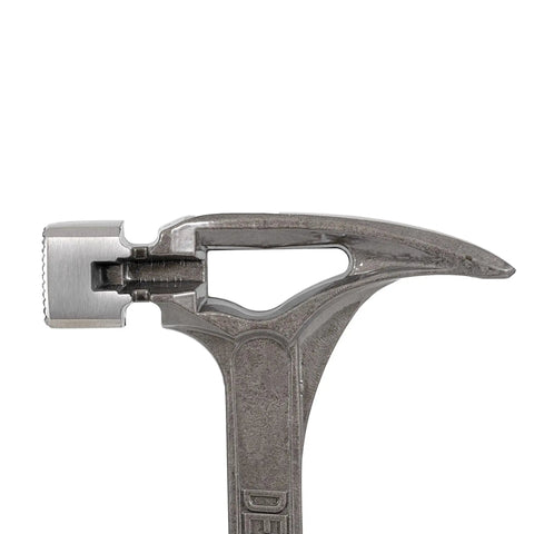 Heavy Duty Steel Hammer With Milled Face 22 Oz For Demolition Drywall And Wood One Piece Forged Steel I Beam Shaft For Extra Strength Magnetic Nail Set Front Of Head Nail Pull Made In USA hammer close-up showing nail pull and magnetic nail set.