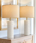 24 Inch Farmhouse Ceramic Table Lamp Set Of 2 White For Bedroom And Living Room Modern Nightstand Lamps For Desk Office Or Dorm Decor Durable Ceramic Base With Scratch Resistant Finish shown on wooden console