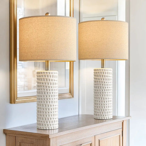 24 Inch Farmhouse Ceramic Table Lamp Set Of 2 White For Bedroom And Living Room Modern Nightstand Lamps For Desk Office Or Dorm Decor Durable Ceramic Base With Scratch Resistant Finish shown on wooden console