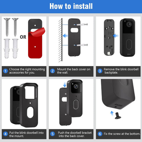 Installation steps for no drill adhesive doorbell mount showing tools and assembly for Video Doorbell 2nd Gen.