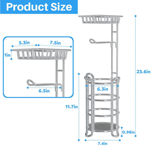 Dimensions of Free Standing Toilet Paper Holder With Shelf For Phone, Chrome Bathroom Storage Rack Dispenser For Four Mega Rolls
