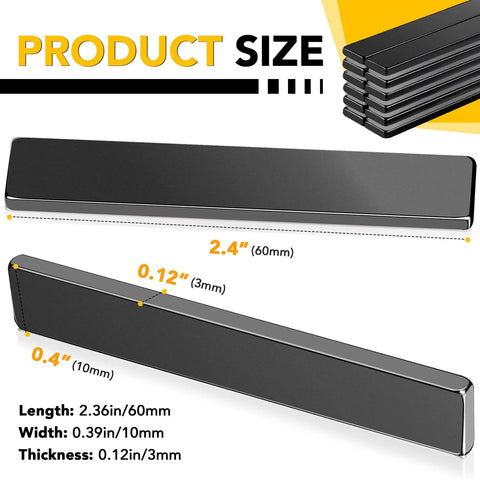 Front view: DIYMAG Neodymium magnets, 12-pack magnetic bars with adhesive backing, black, 2.36 x 0.39 x 0.12 in