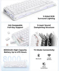 75 Percent Wireless Mechanical Gaming Keyboard With Dynamic Rgb Backlighting And Solid Aluminum Alloy Build In Clean Moonlight White Finish Providing Textured Pbt Keycaps For Locked In Gameplay That Hits Different with RGB lighting and hot-swappable keys.