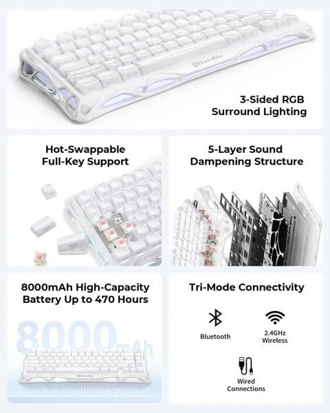 75 Percent Wireless Mechanical Gaming Keyboard With Dynamic Rgb Backlighting And Solid Aluminum Alloy Build In Clean Moonlight White Finish Providing Textured Pbt Keycaps For Locked In Gameplay That Hits Different with RGB lighting and hot-swappable keys.