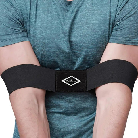 Golf Swing Training Arm Band For Correct Alignment And Gesture, Medium Black, worn by individual showing arm positioning