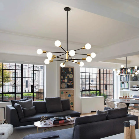 Modern Sputnik Chandelier Ceiling Light With 12 Lights In Gold And Black, Adjustable Height Up To 53.8 Inches in living room setting