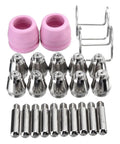 Heavy Duty Plasma Torch Consumables Kit With Two Premium Cups And Secure Brackets For Smooth Industrial Cutting On Steel Auto Parts, includes silver tips and pink cups.