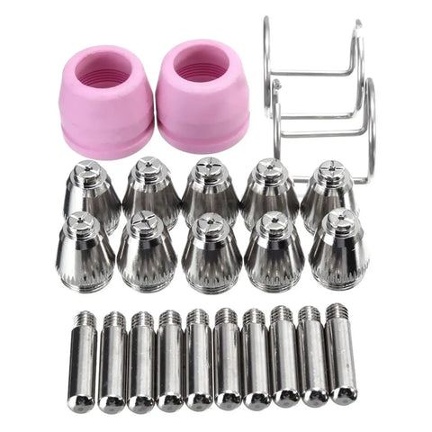 Heavy Duty Plasma Torch Consumables Kit With Two Premium Cups And Secure Brackets For Smooth Industrial Cutting On Steel Auto Parts, includes silver tips and pink cups.