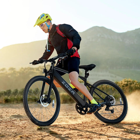 Powerful 1000W Peak Electric Bike For Adults, 26 Inch Ebike With 22 MPH Top Speed, Black, man riding on dirt path