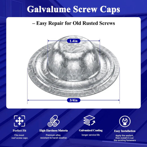 Heavy Duty Metal Roof Screw Caps 100 Pack Galvalume Rustproof Waterproof Covers showing a steel screw cap with dimensions 1.4in and 3/4in.