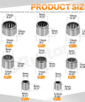 32 Piece Needle Roller Bearings Kit In 8 Sizes Chrome Steel Open End Drawn Cup Bearings with size labels shown