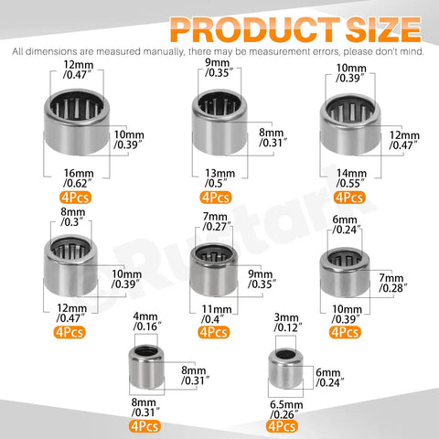 32 Piece Needle Roller Bearings Kit In 8 Sizes Chrome Steel Open End Drawn Cup Bearings with size labels shown
