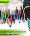 Heavy Duty Self Centering Hinge Drill Bit Set With A Quarter Inch Hex Shank And Tough As Nails Center Punch showing colorful drill bits.