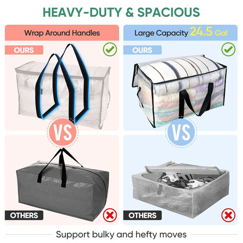 Comparison of Six Pack Oversized Moving Bags With Reinforced Handles and other bags showing handle and capacity differences