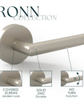 Rock Solid Satin Nickel Dummy Lever Door Handle Set For Closets Or French Doors With Plug And Play Hardware And Hassle Free Install Total Breeze Two Pack Single Sided Design close-up of round handle with covered screws and solid zinc material.