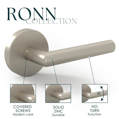 Rock Solid Satin Nickel Dummy Lever Door Handle Set For Closets Or French Doors With Plug And Play Hardware And Hassle Free Install Total Breeze Two Pack Single Sided Design close-up of round handle with covered screws and solid zinc material.