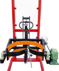 Heavy Duty Drum Lifter And Rotator Tool For 55 Gallon Steel Or Plastic Barrels, front view showing wheels and clamp.