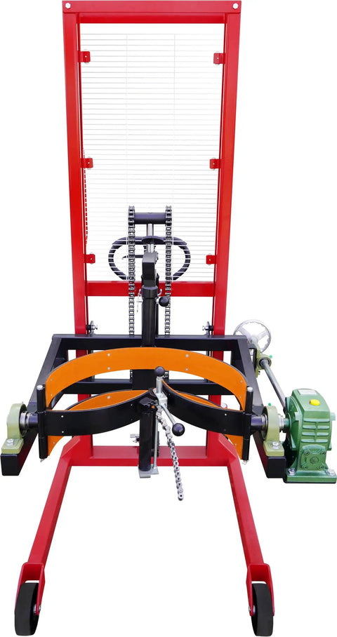 Heavy Duty Drum Lifter And Rotator Tool For 55 Gallon Steel Or Plastic Barrels, front view showing wheels and clamp.