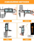 Beefy Rechargeable Digital Caliper With Backlit LCD All Metal Measuring Tool Auto Off showing four measuring methods