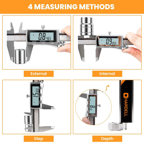 Beefy Rechargeable Digital Caliper With Backlit LCD All Metal Measuring Tool Auto Off showing four measuring methods