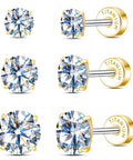 Hypoallergenic Titanium Screw Back Earrings Set Three Pairs VVS1 Sparkling Moissanite Studs in different sizes and settings.