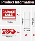 Six Pack Garage Sale Signs With Stakes Set Includes Two Large 17x12 Signs And Four Arrow 17x6 Signs, Metal Stakes, Double Sided Waterproof Design, Yard Sale Supplies For Maximum Visibility And Easy Customer Turnout. Product image showing two 17x12 signs, four 17x6 arrow signs, and metal stakes dimensions