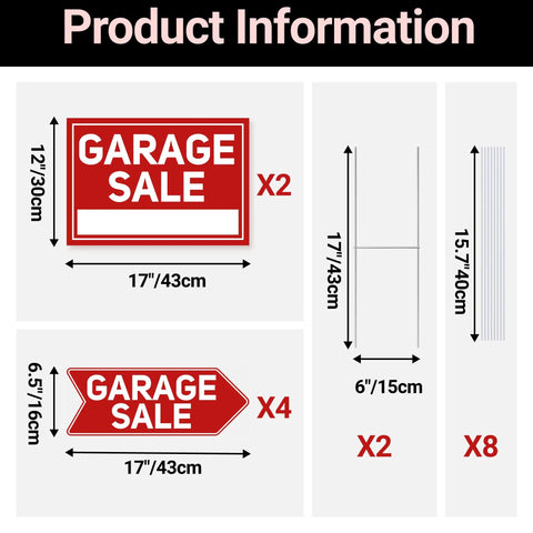 Six Pack Garage Sale Signs With Stakes Set Includes Two Large 17x12 Signs And Four Arrow 17x6 Signs, Metal Stakes, Double Sided Waterproof Design, Yard Sale Supplies For Maximum Visibility And Easy Customer Turnout. Product image showing two 17x12 signs, four 17x6 arrow signs, and metal stakes dimensions