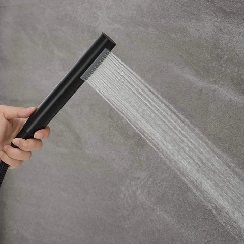 Freestanding Tub Filler Faucet Dope Matte Black Floor Mounted With Handheld Shower Brass Mixer Taps Swivel Spout in use